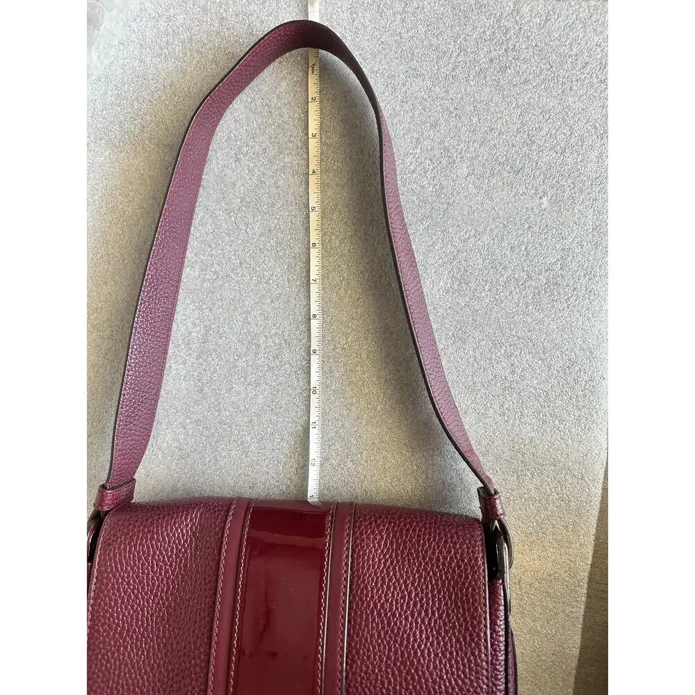 Michael Kors Lila Large Shoulder Flap Bag Burgundy Pebbled Leather Patent Stripe